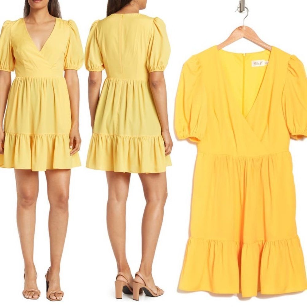 Eliza J Surplice Neck Puff Sleeve Fit & Flare Dress | Sunshine Yellow | Women 14